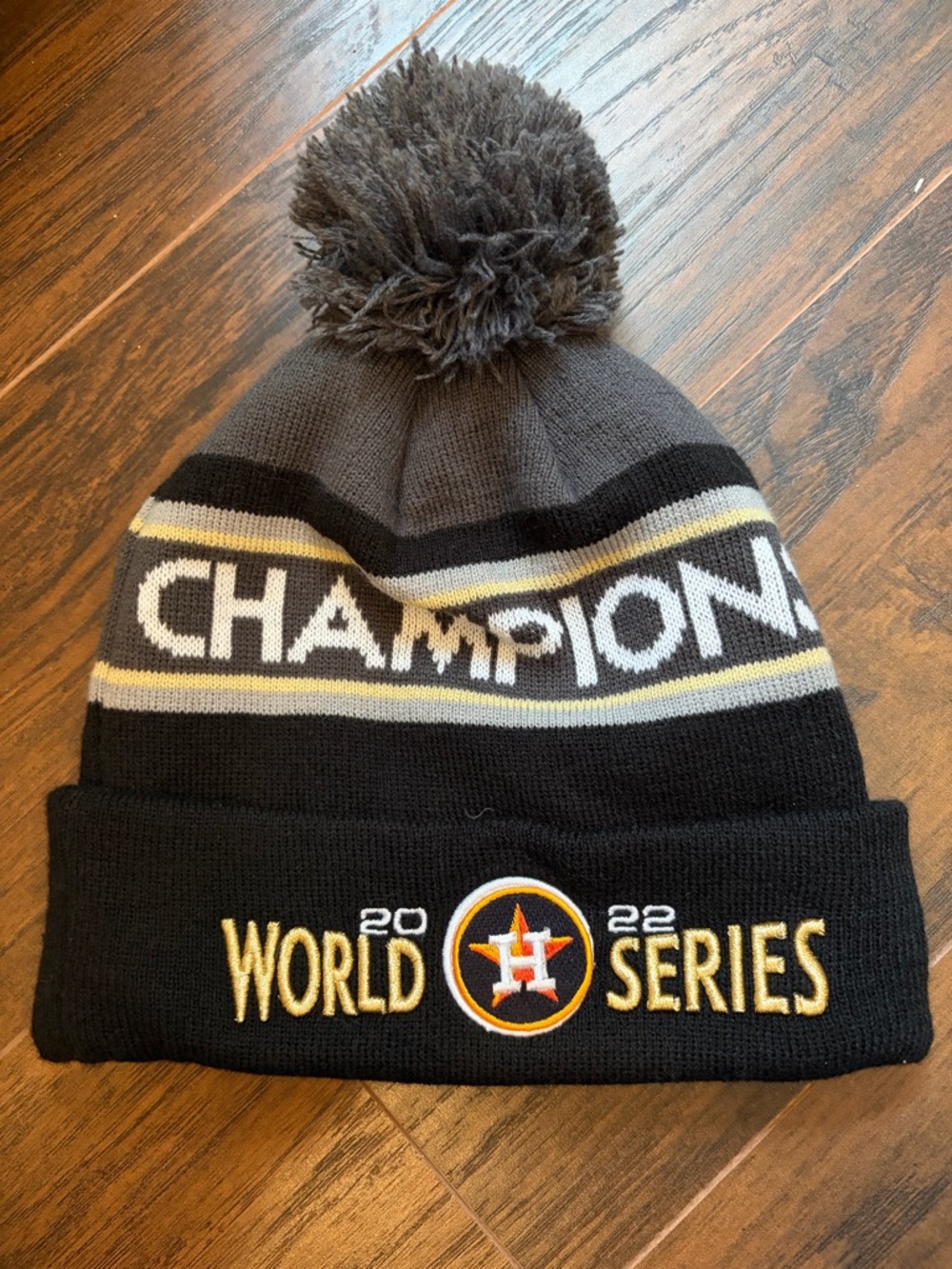 New Era Black & Gray Pom Knit Beanie with World Series Embroidery